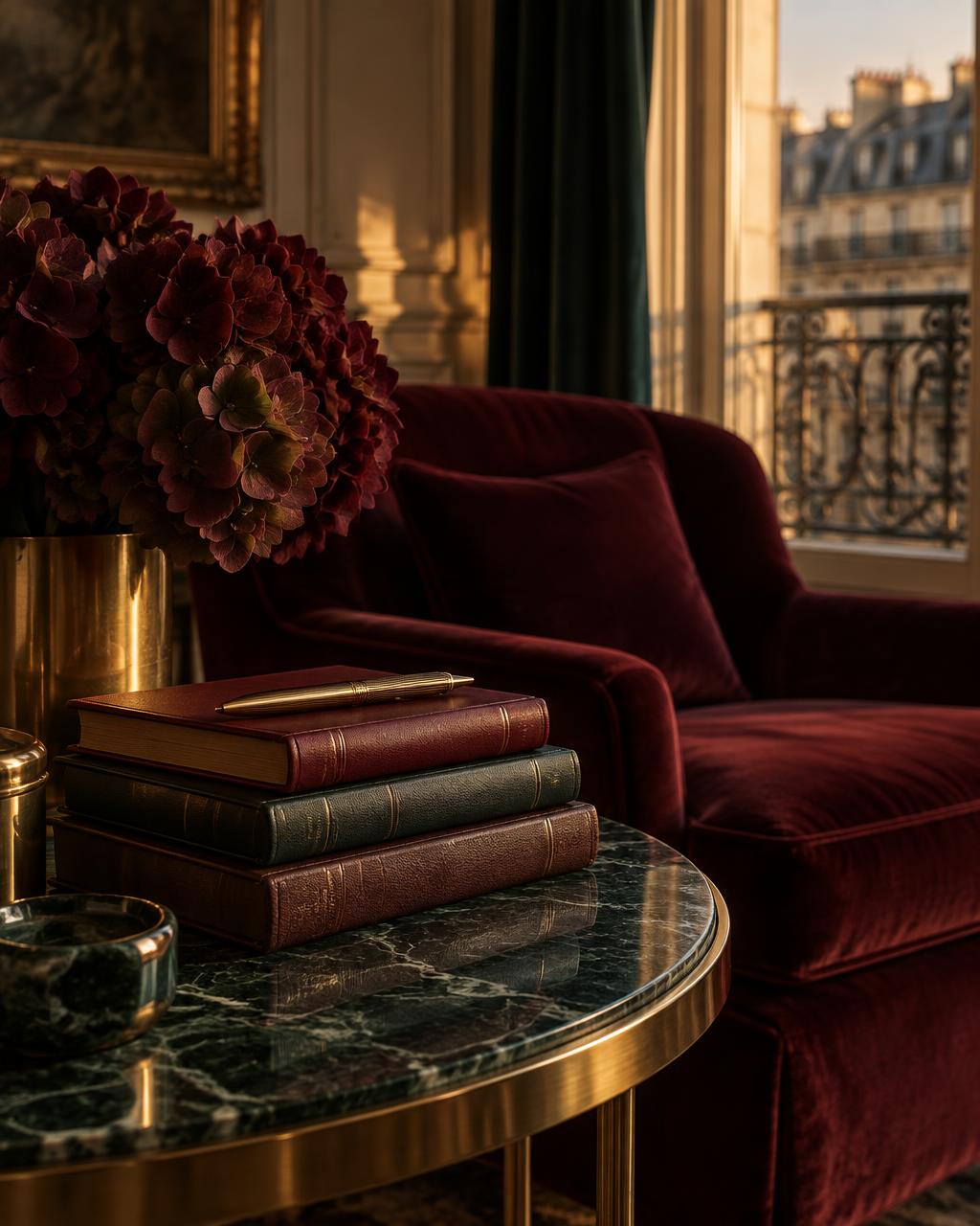 Table en marbre vert profond, livres reliés et fauteuil de velours bordeaux dans un salon parisien