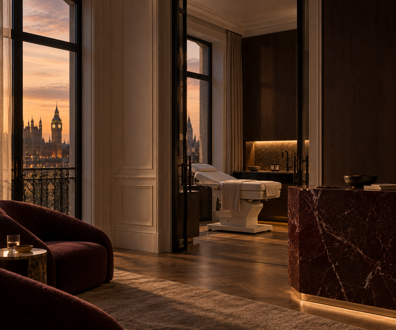 Salle de soin d’une clinique esthétique à Londres, fauteuil de traitement blanc, boiseries sombres, marbre bordeaux et vue sur Big Ben au crépuscule