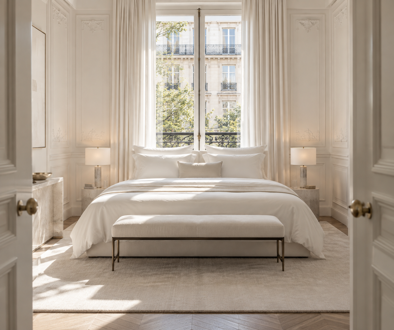 Chambre d’hôtel parisienne crème, lit aux draps blancs face à une fenêtre ouverte sur un immeuble haussmannien et ses arbres, banc en tissu et chevets en marbre