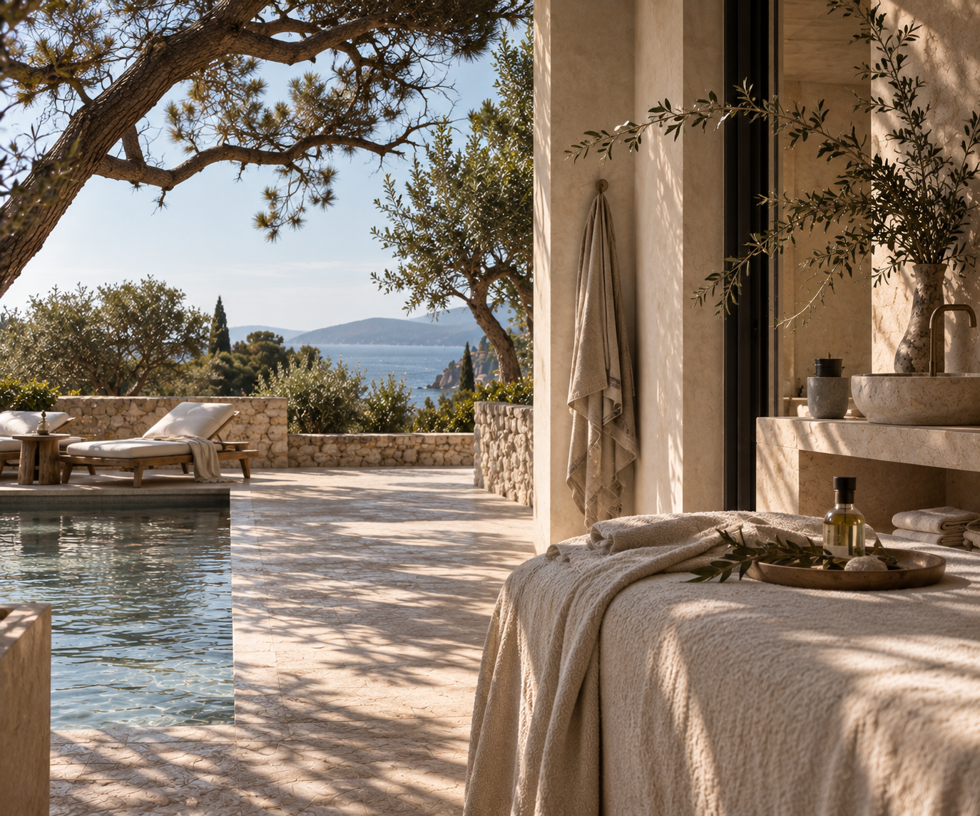 Terrasse de spa en pierre claire face à la mer, piscine, transats en lin et table de soin sous une lumière dorée de fin de journée