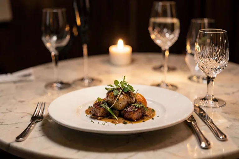 Table gastronomique dressée : assiette de chef raffinée, verres en cristal, bougie et marbre clair en lumière de fin de service